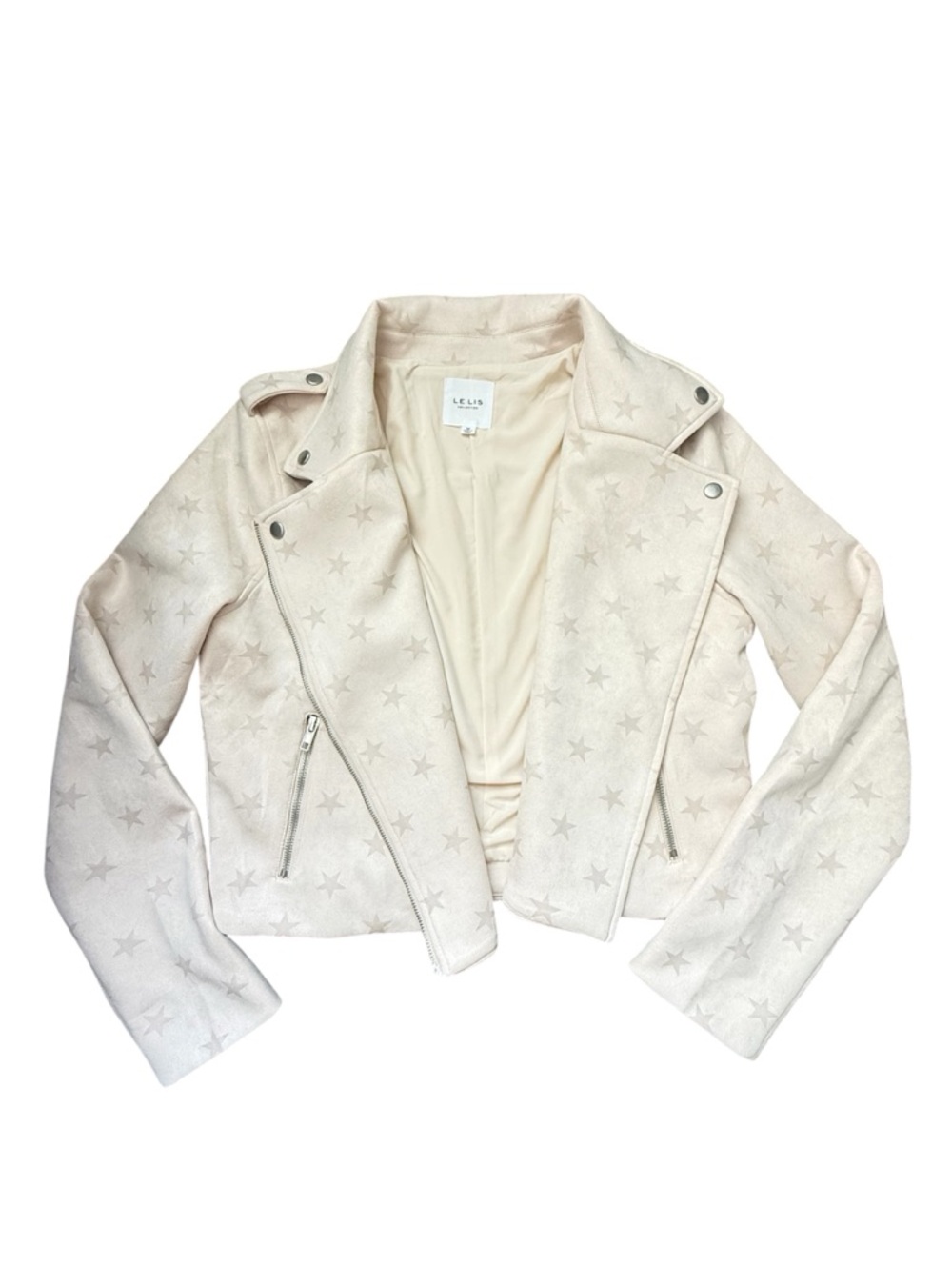 Le Lis Cream Faux Micro Suede Star Print Moto Jacket